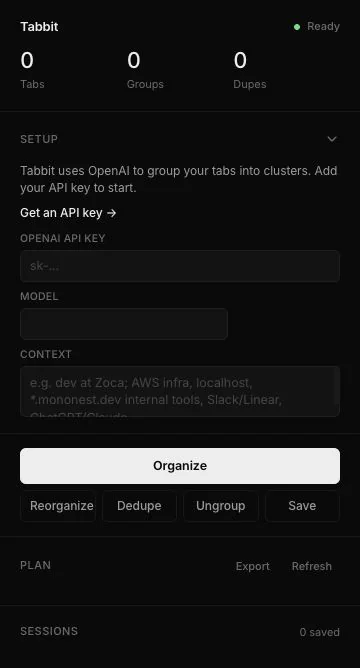 Tabbit Chrome extension showing tab grouping controls, AI context, model settings, and saved sessions