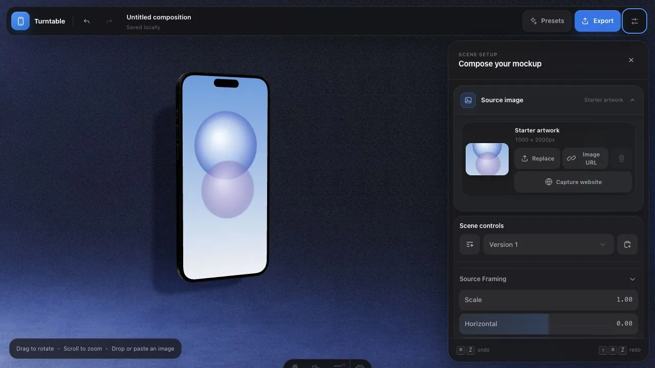 Turntable 3D mockup editor with an iPhone composition, dark studio background, and configuration panel